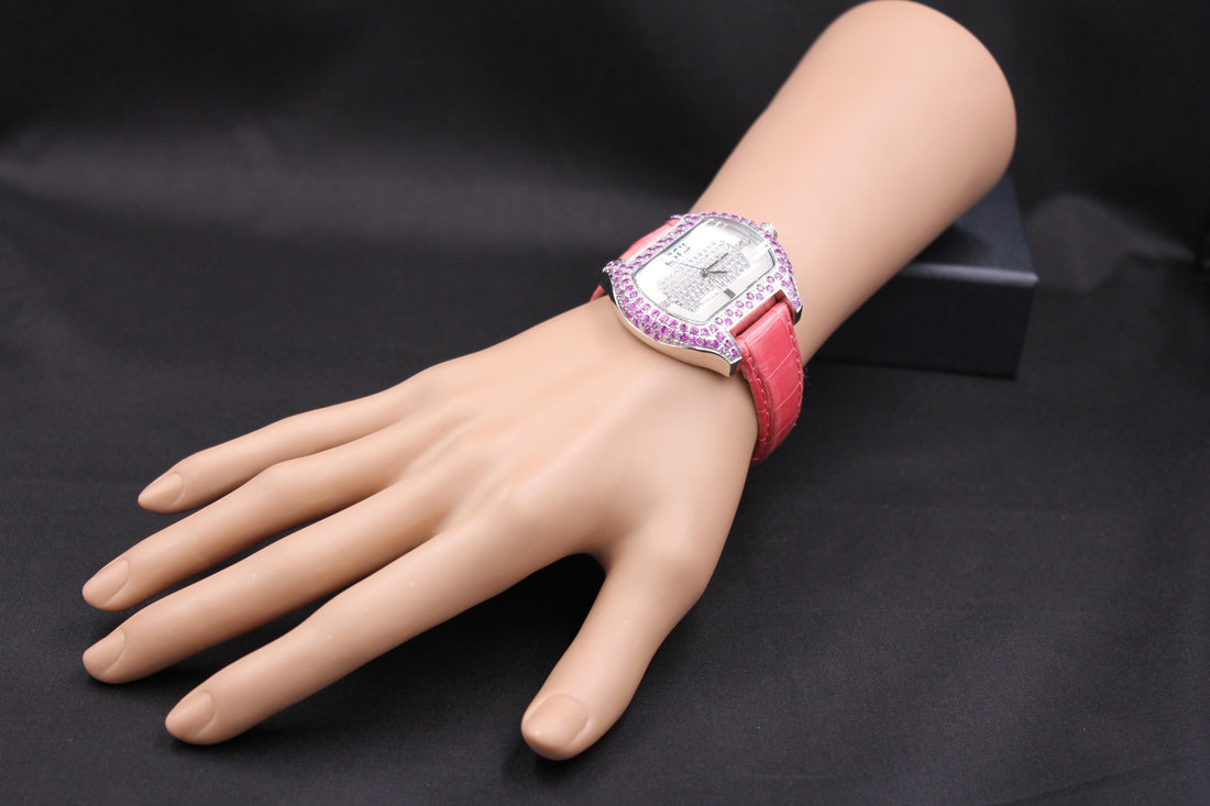 Pink Sapphire &amp; Diamonds Pave Dial Luxury Swiss Quartz Exotic Leather Band Watch