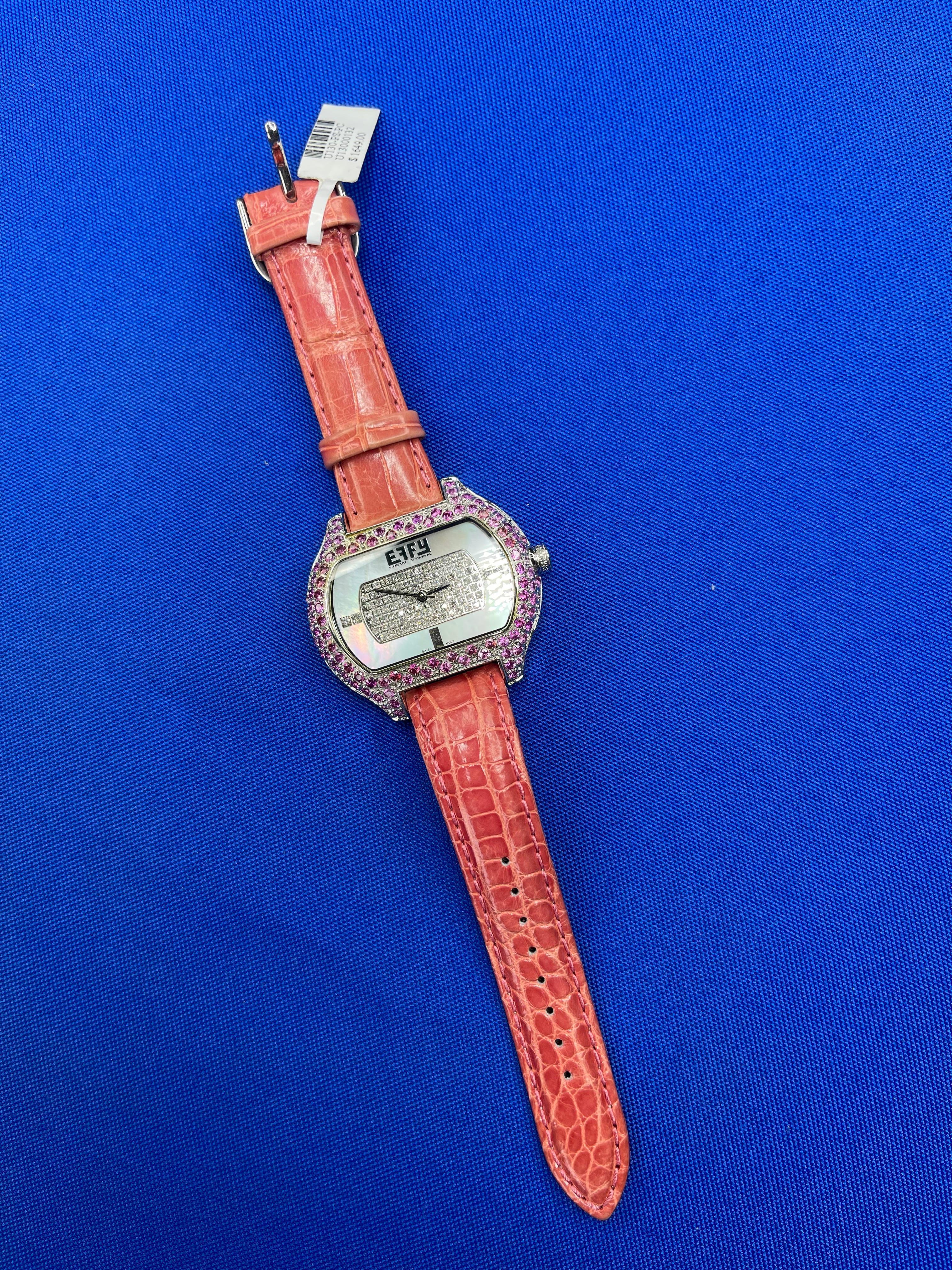 Pink Sapphire &amp; Diamonds Pave Dial Luxury Swiss Quartz Exotic Leather Band Watch