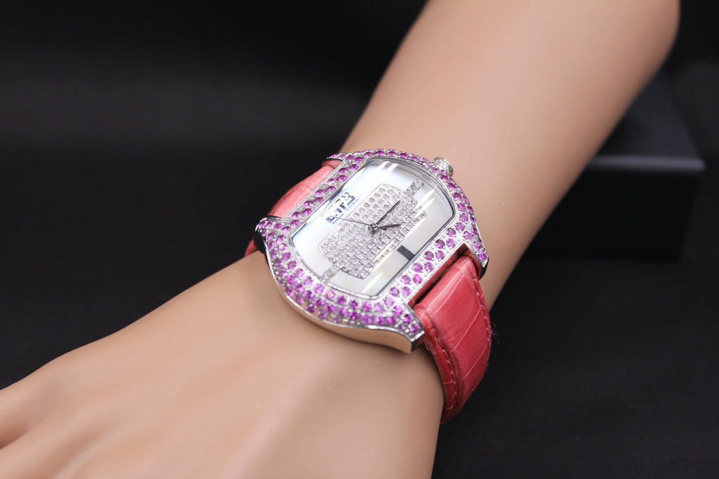Pink Sapphire & Diamonds Pave Dial Luxury Swiss Quartz Exotic Leather Band Watch
