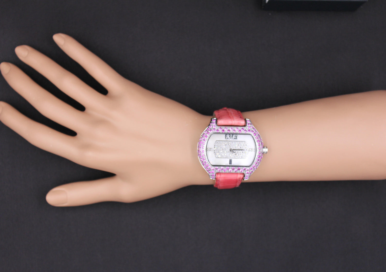 Pink Sapphire &amp; Diamonds Pave Dial Luxury Swiss Quartz Exotic Leather Band Watch