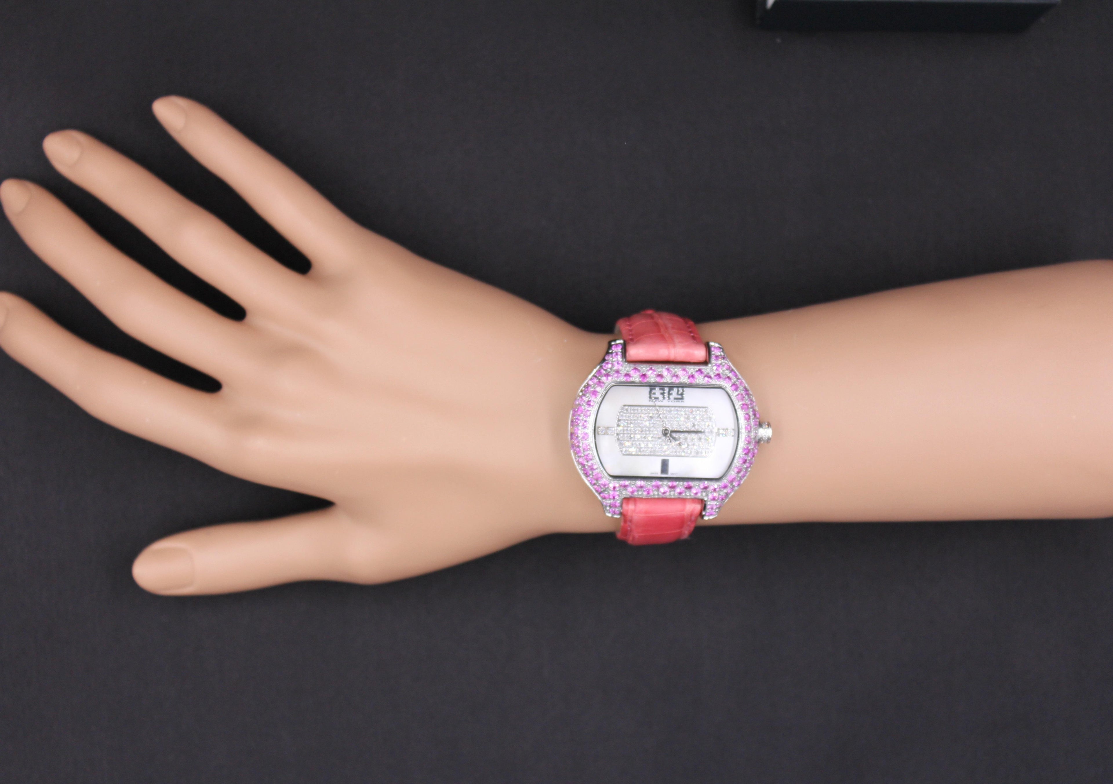 Pink Sapphire &amp; Diamonds Pave Dial Luxury Swiss Quartz Exotic Leather Band Watch