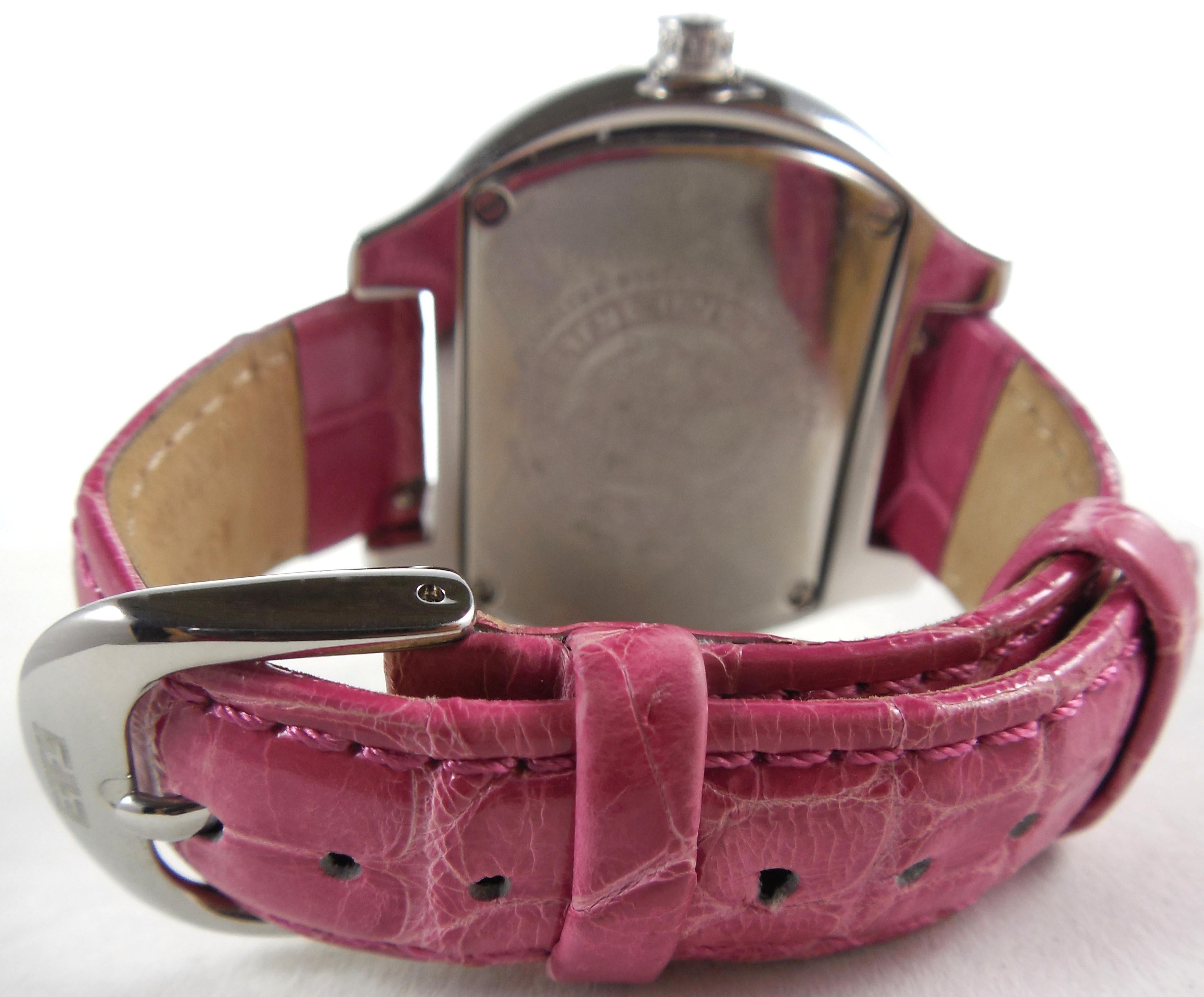 Pink Sapphire &amp; Diamonds Pave Dial Luxury Swiss Quartz Exotic Leather Band Watch