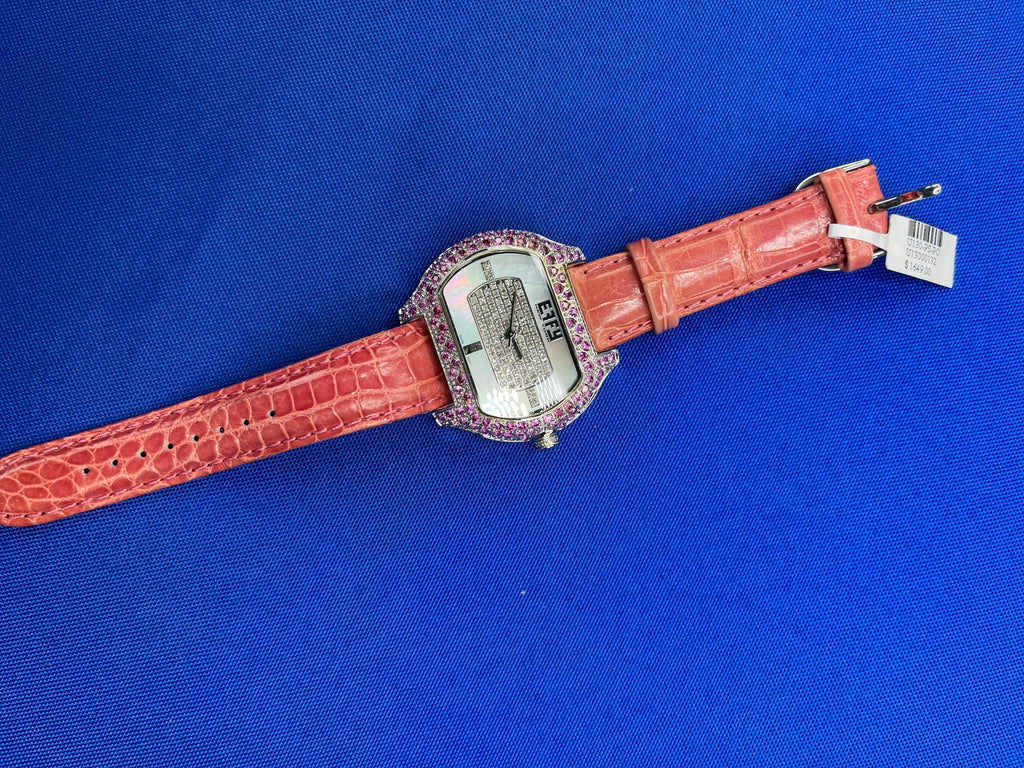 Pink Sapphire & Diamonds Pave Dial Luxury Swiss Quartz Exotic Leather Band Watch