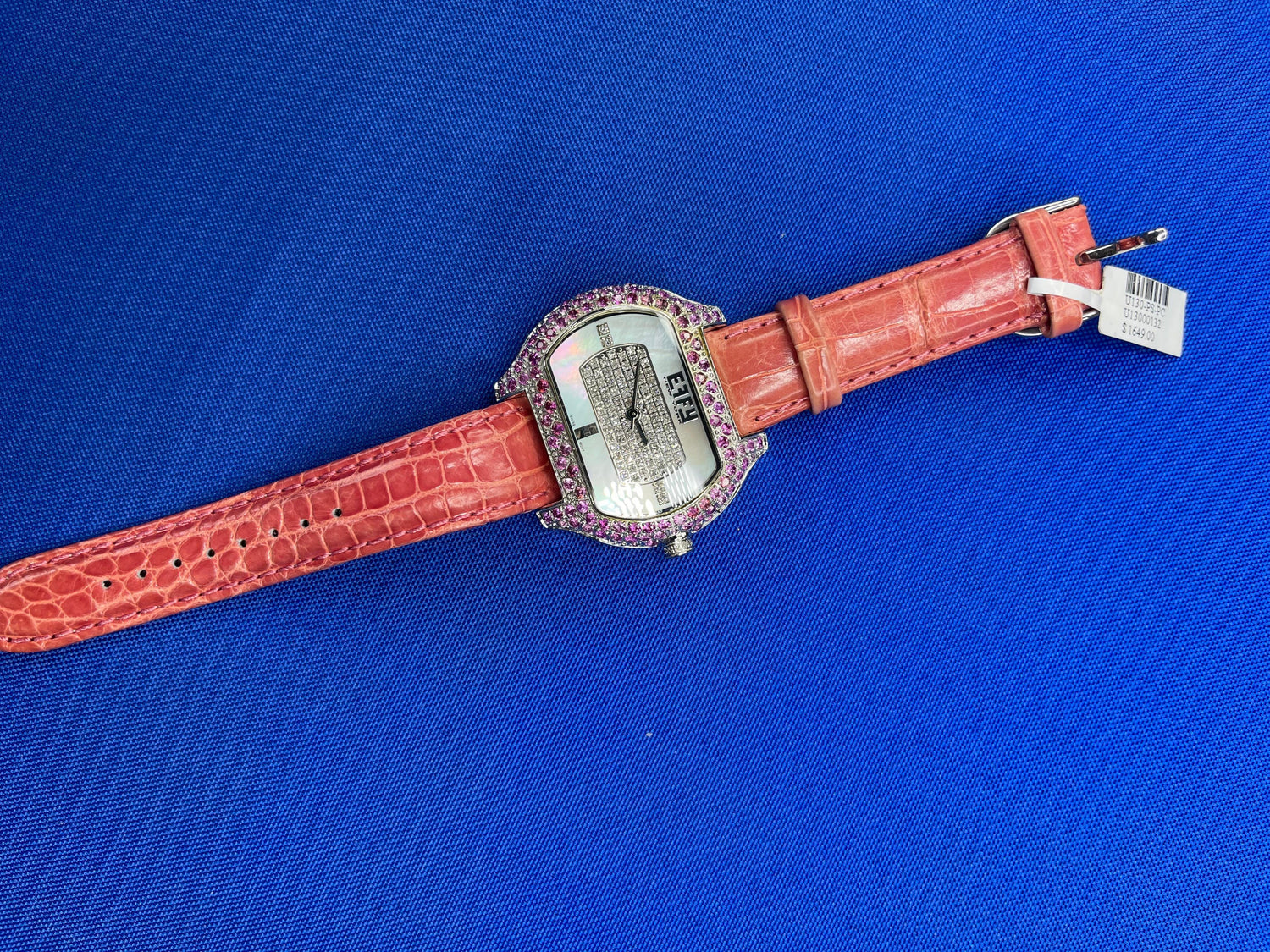 Pink Sapphire &amp; Diamonds Pave Dial Luxury Swiss Quartz Exotic Leather Band Watch