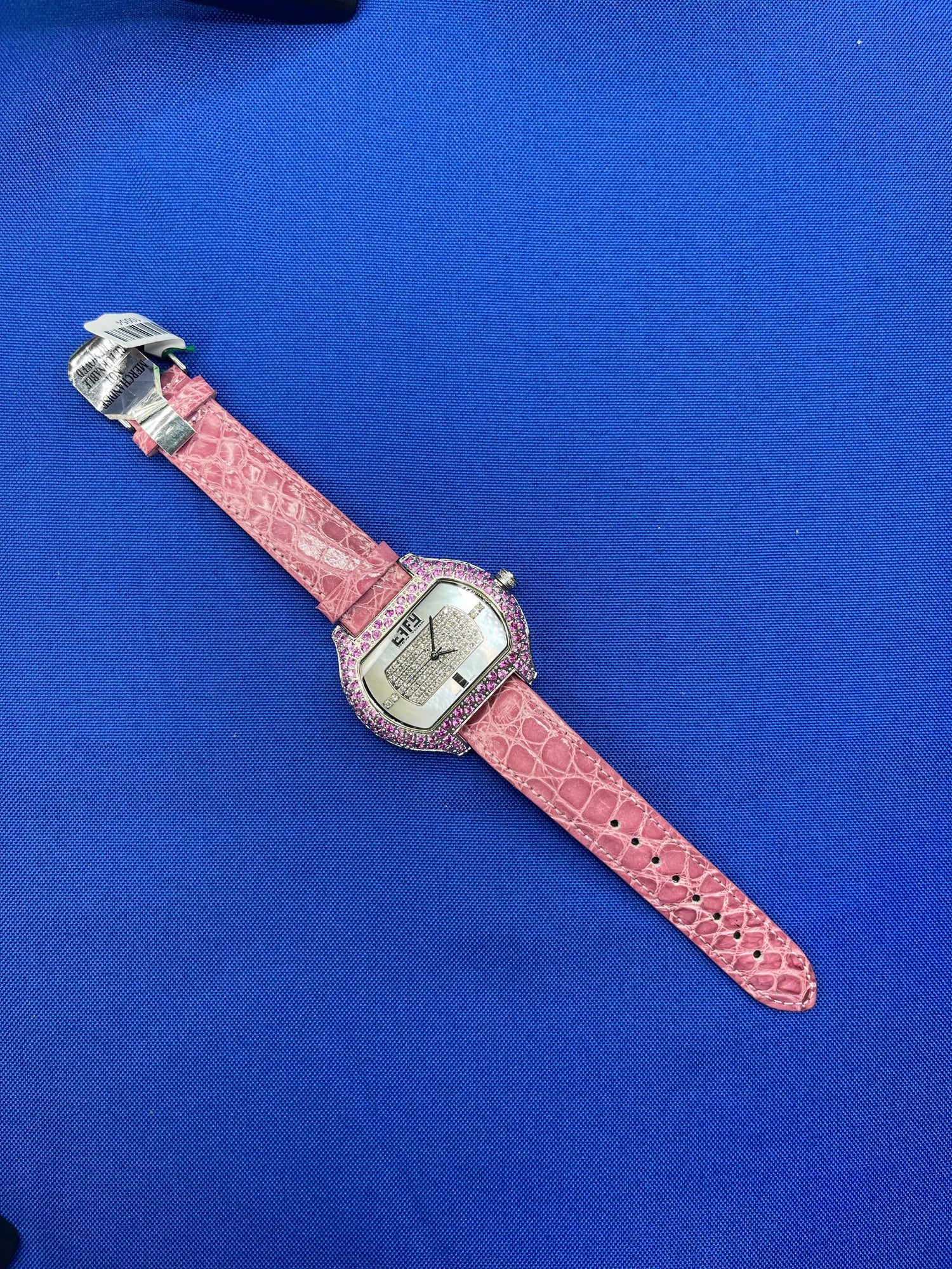 Pink Sapphire &amp; Diamonds Pave Dial Luxury Swiss Quartz Exotic Leather Band Watch