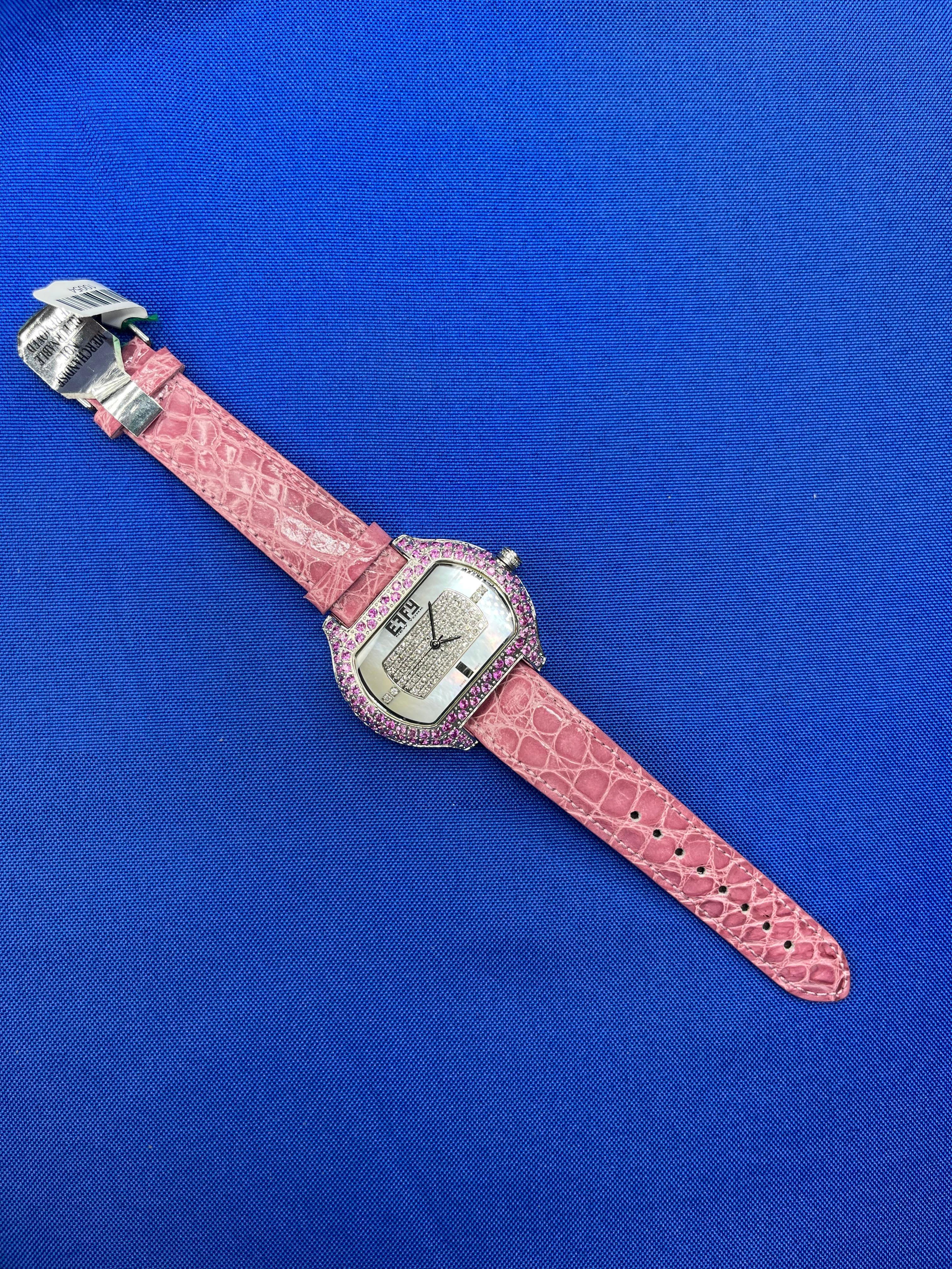 Pink Sapphire &amp; Diamonds Pave Dial Luxury Swiss Quartz Exotic Leather Band Watch