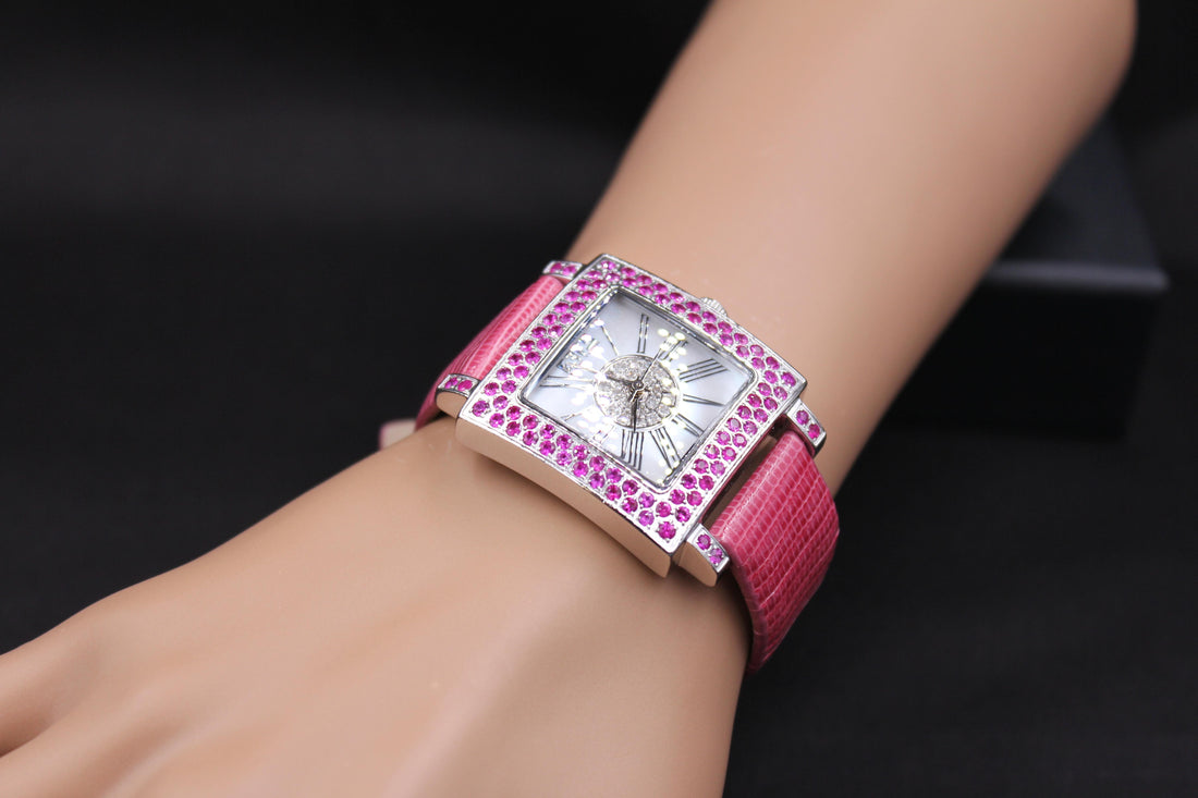 Pink Sapphire &amp; Diamonds Pave Dial Luxury Swiss Quartz Exotic Leather Watch