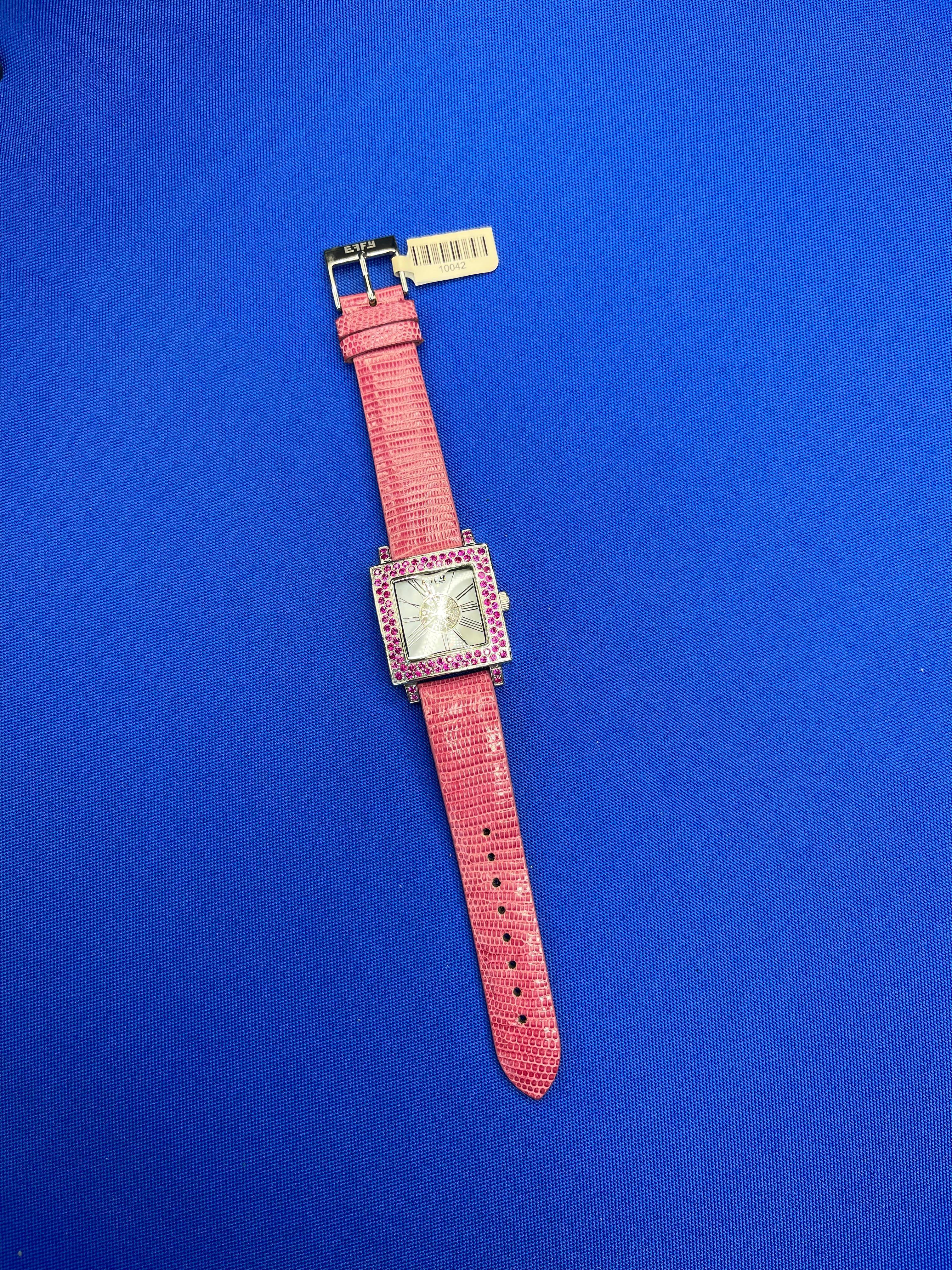 Pink Sapphire &amp; Diamonds Pave Dial Luxury Swiss Quartz Exotic Leather Watch