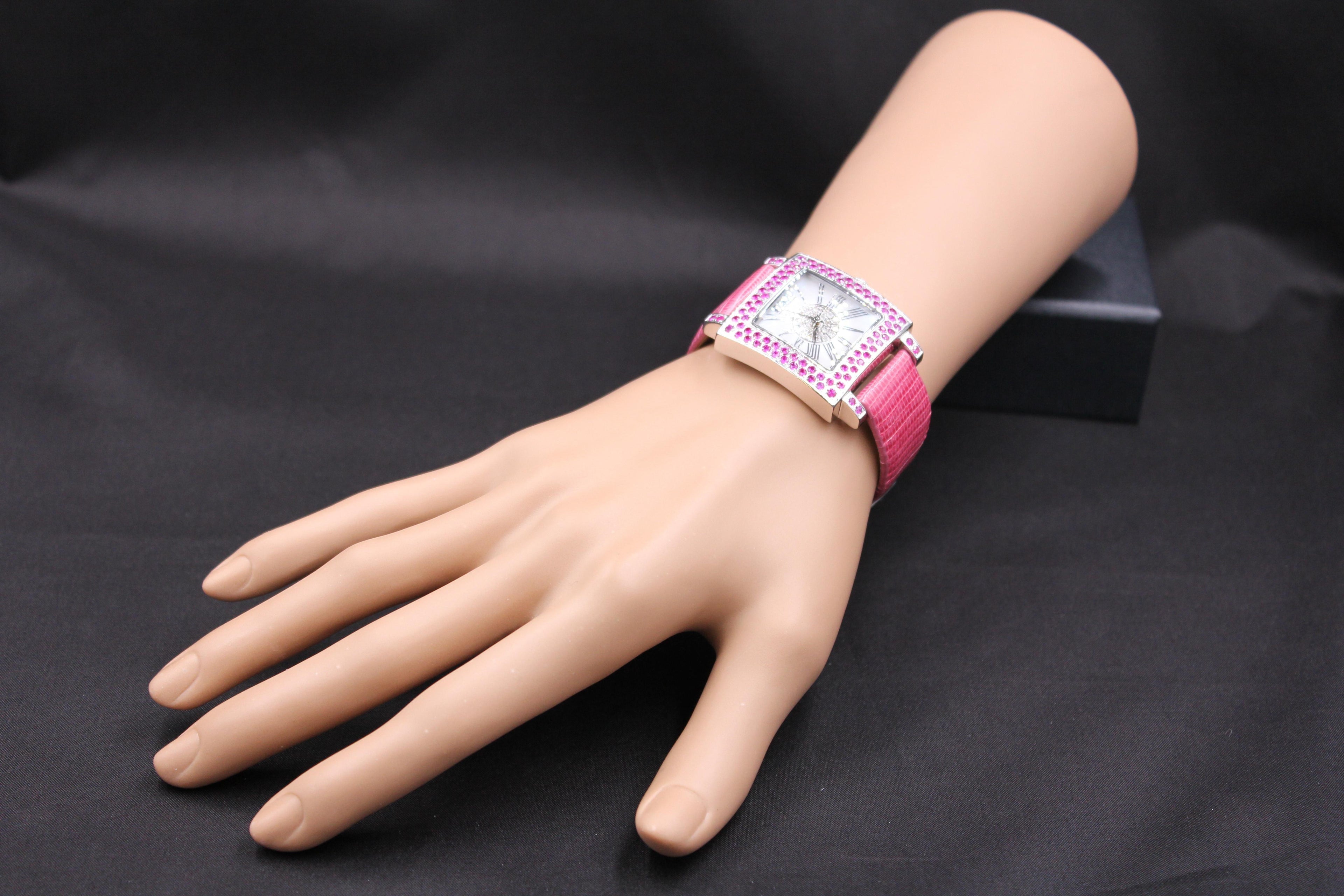 Pink Sapphire &amp; Diamonds Pave Dial Luxury Swiss Quartz Exotic Leather Watch