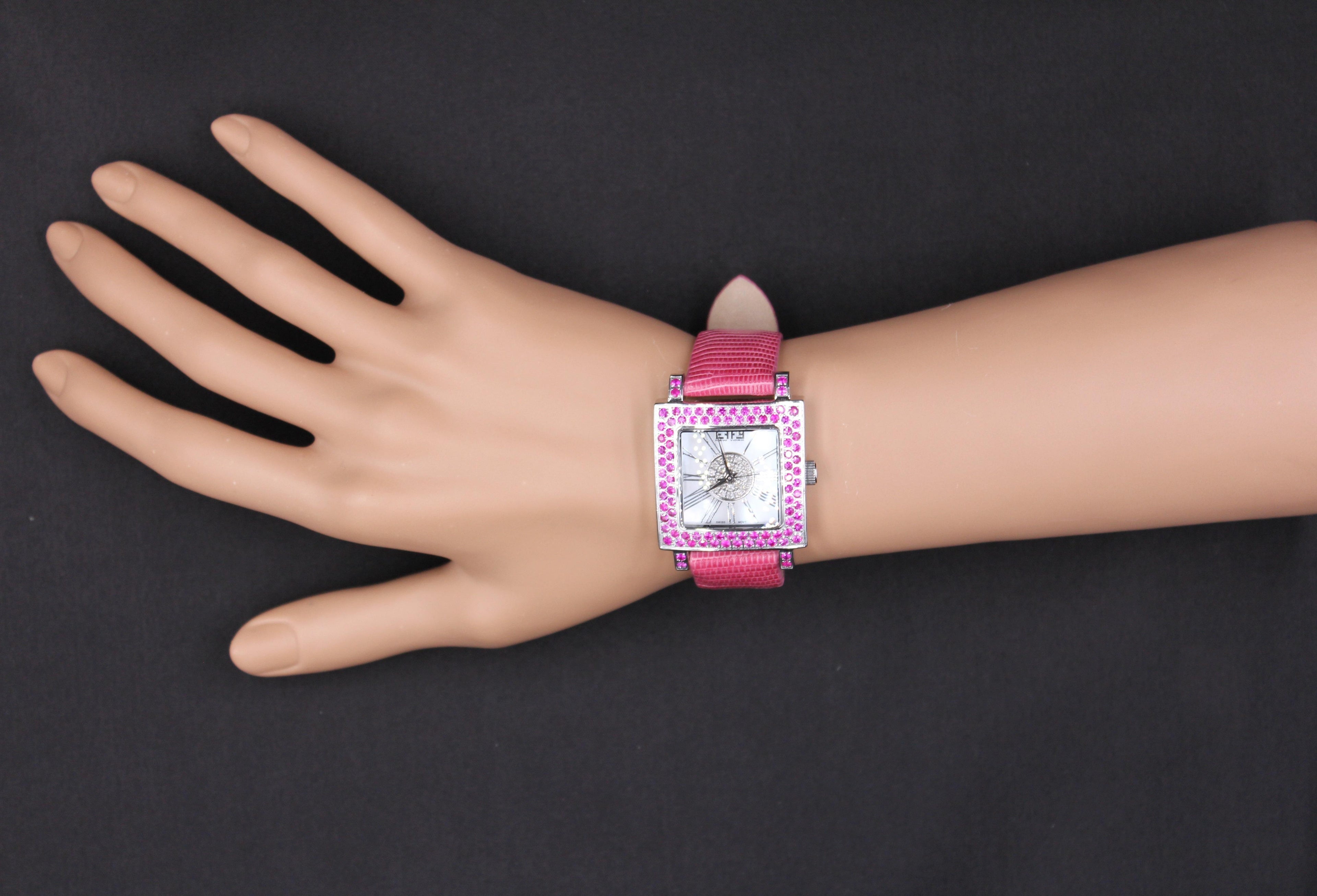 Pink Sapphire &amp; Diamonds Pave Dial Luxury Swiss Quartz Exotic Leather Watch