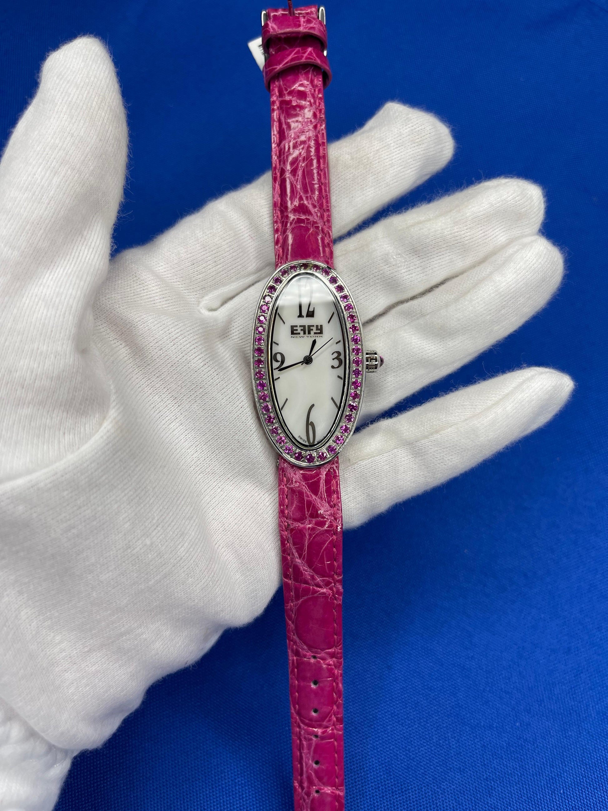 Pink Sapphire Pave Dial Luxury Swiss Quartz Exotic Leather Band Watch