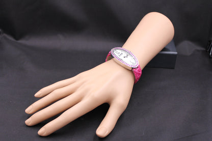 Pink Sapphire Pave Dial Luxury Swiss Quartz Exotic Leather Band Watch