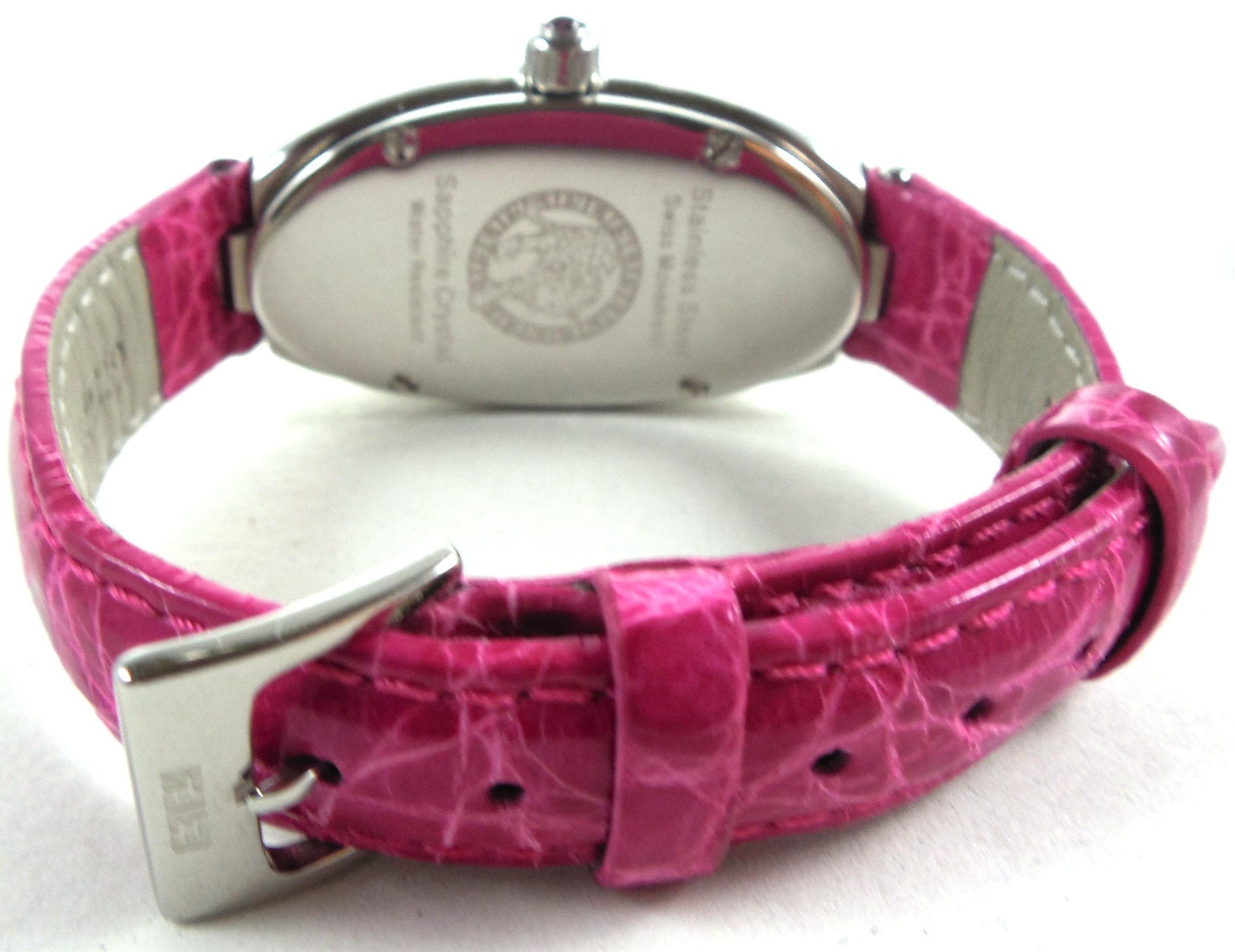 Pink Sapphire Pave Dial Luxury Swiss Quartz Exotic Leather Band Watch