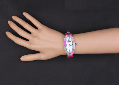 Pink Sapphire Pave Dial Luxury Swiss Quartz Exotic Leather Band Watch