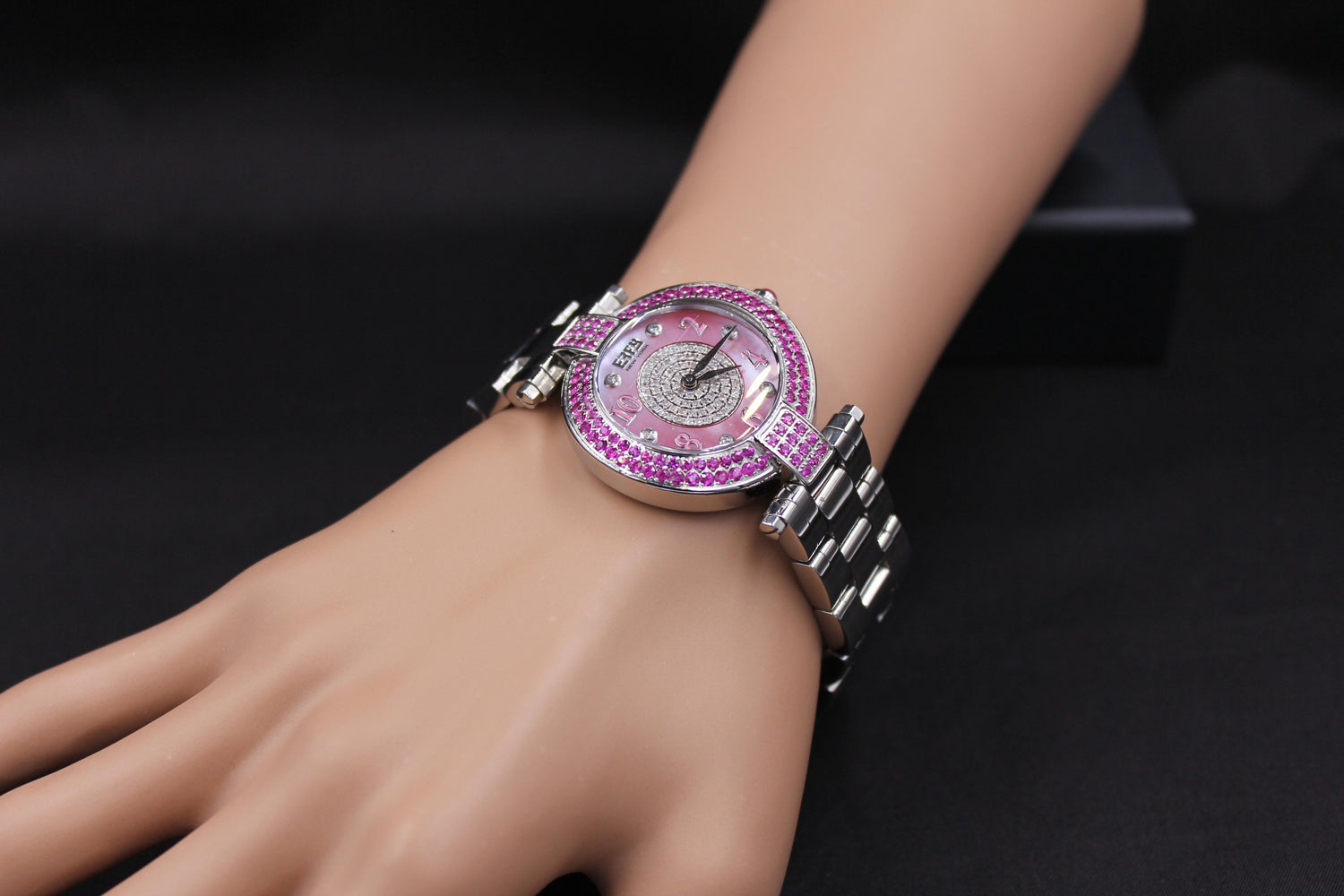 Pink Sapphires &amp; Diamond Pave Dial Luxury Swiss Quartz Exotic Watch 3.28 Tcw