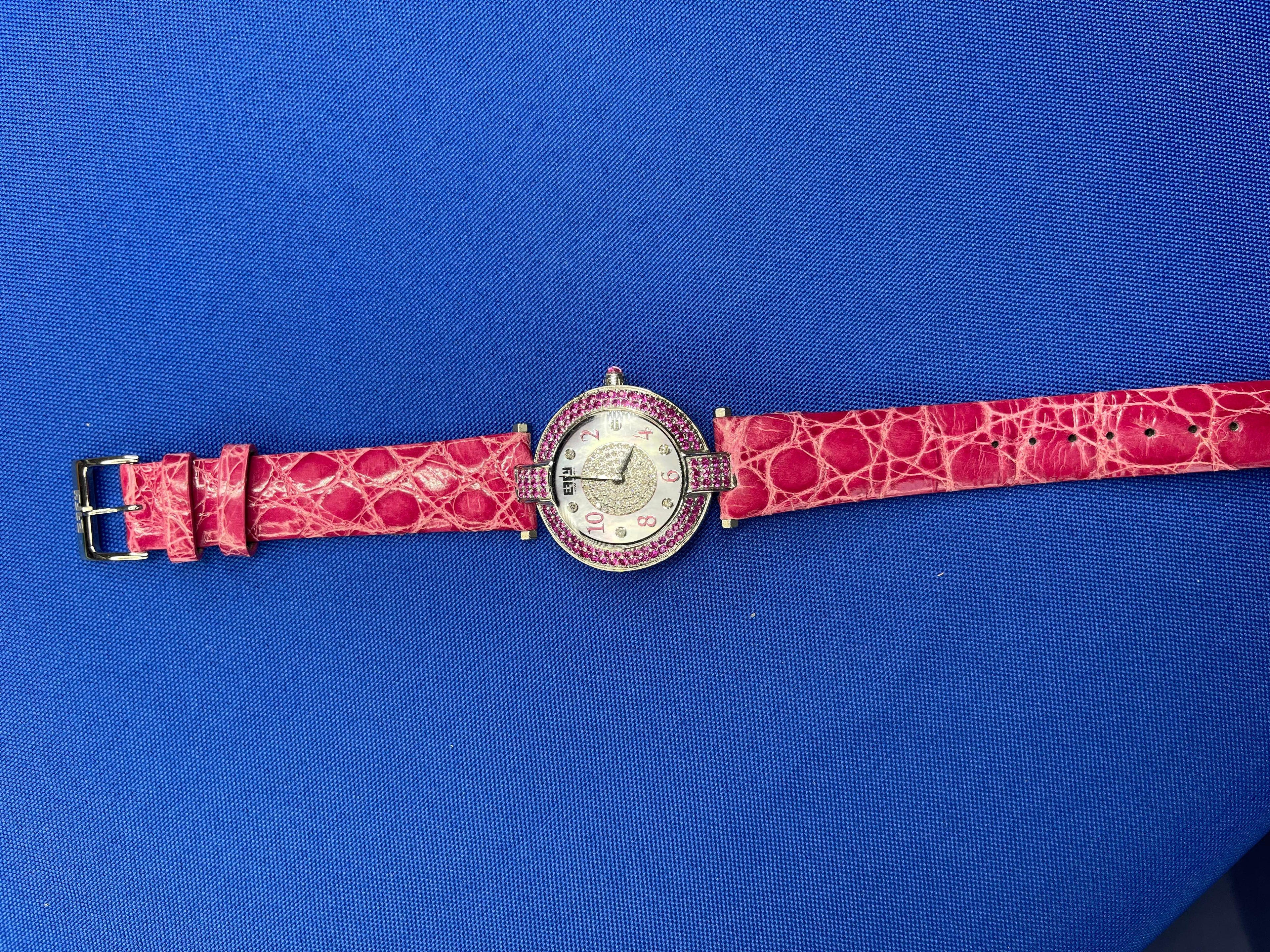 Pink Sapphires &amp; Diamond Pave Dial Luxury Swiss Quartz Exotic Watch 3.28 Tcw
