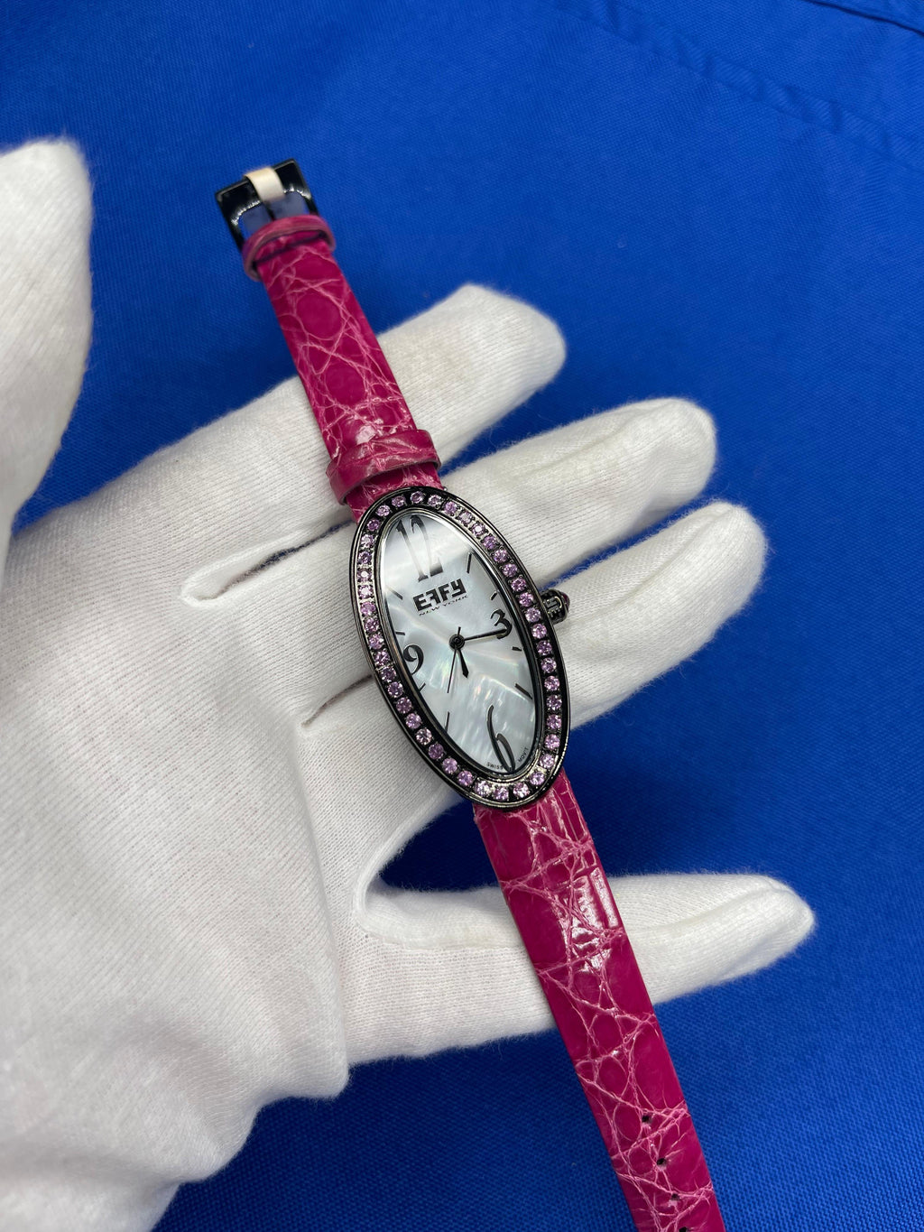 Pink Sapphires Pave Dial Luxury Swiss Quartz Exotic Leather Band Watch