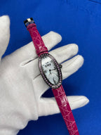 Pink Sapphires Pave Dial Luxury Swiss Quartz Exotic Leather Band Watch