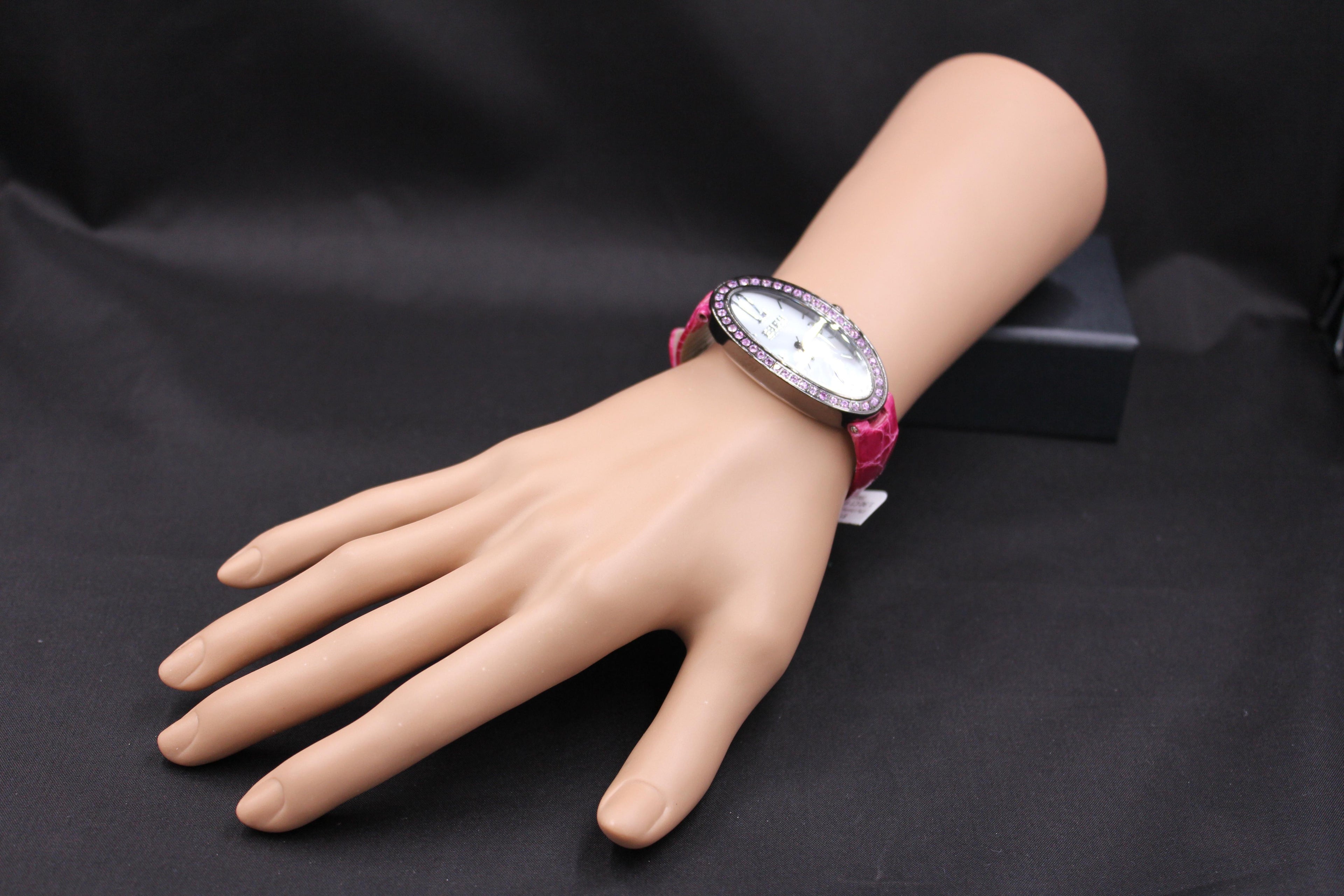 Pink Sapphires Pave Dial Luxury Swiss Quartz Exotic Leather Band Watch