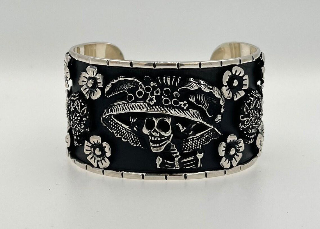 Pirate Flower Black Goth Art Hardy 925 Sterling Silver Wide Chunky Black Cuff Ba