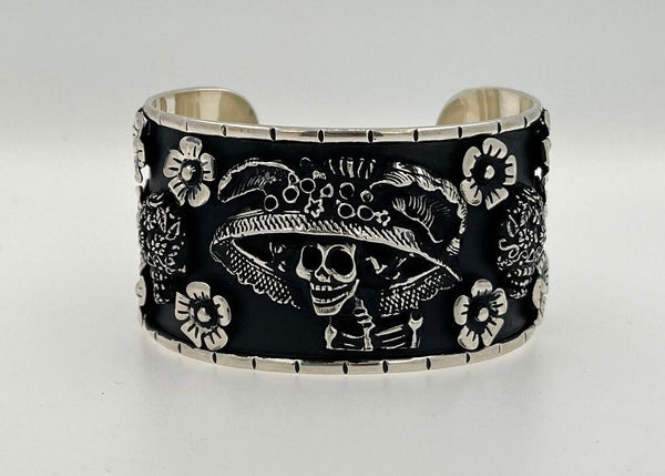 925 Sterling Silver La Catrina Sugar Skull Cuff Bracelet – Wide Gothic Floral Skull Bangle, Oxidized Black Statement Jewelry