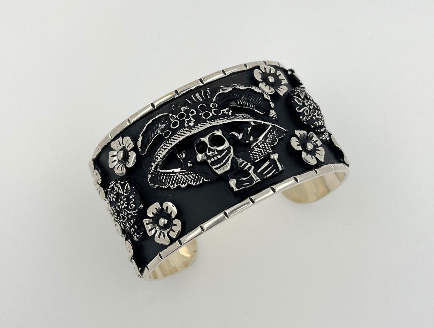 Pirate Flower Black Goth Art Hardy 925 Sterling Silver Wide Chunky Black Cuff Ba