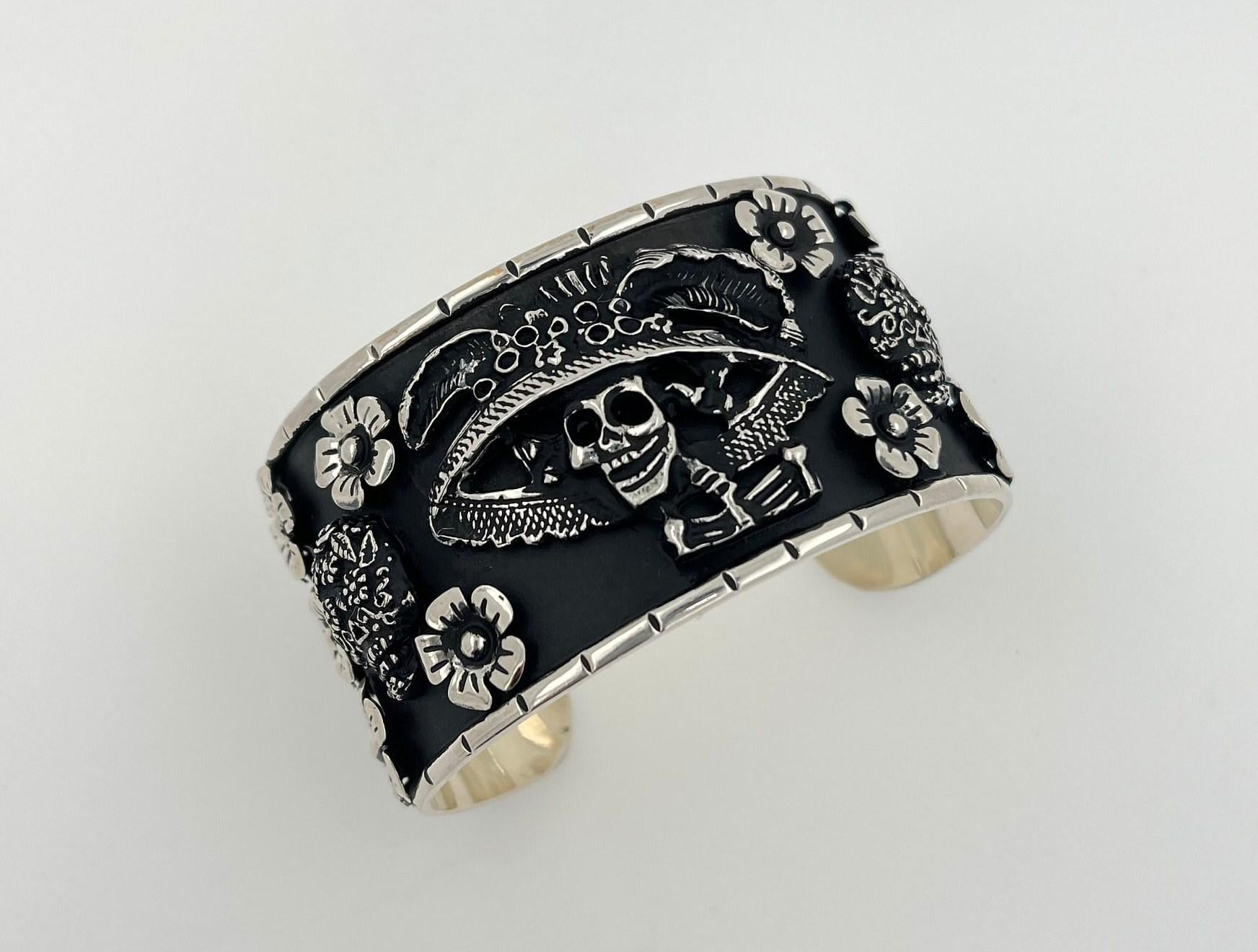 Pirate Flower Black Goth Art Hardy 925 Sterling Silver Wide Chunky Black Cuff Ba