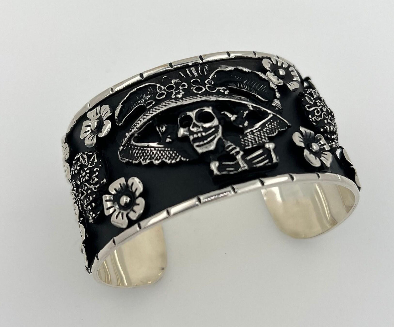 Pirate Flower Black Goth Art Hardy 925 Sterling Silver Wide Chunky Black Cuff Ba