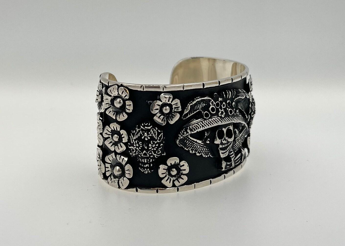 Pirate Flower Black Goth Art Hardy 925 Sterling Silver Wide Chunky Black Cuff Ba