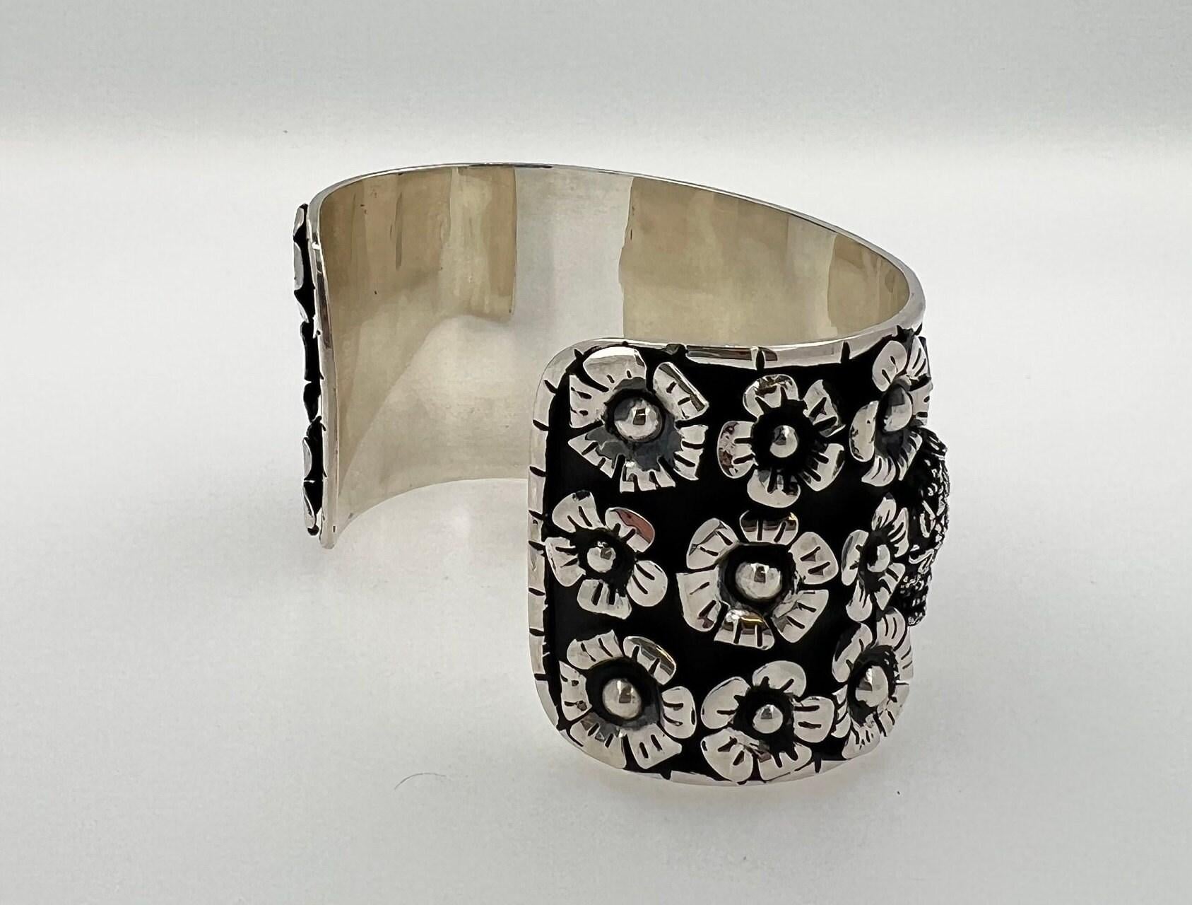 Pirate Flower Black Goth Art Hardy 925 Sterling Silver Wide Chunky Black Cuff Ba