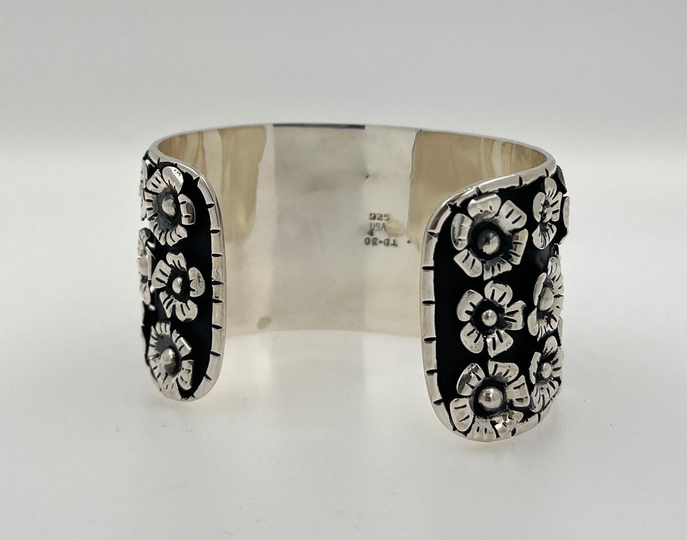 Pirate Flower Black Goth Art Hardy 925 Sterling Silver Wide Chunky Black Cuff Ba