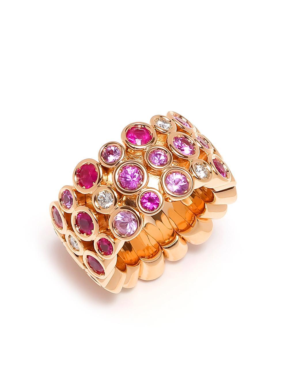 Purple Pink Rose Sapphire Diamond Bezel Eternity Band 18 Karat Rose Gold Ring