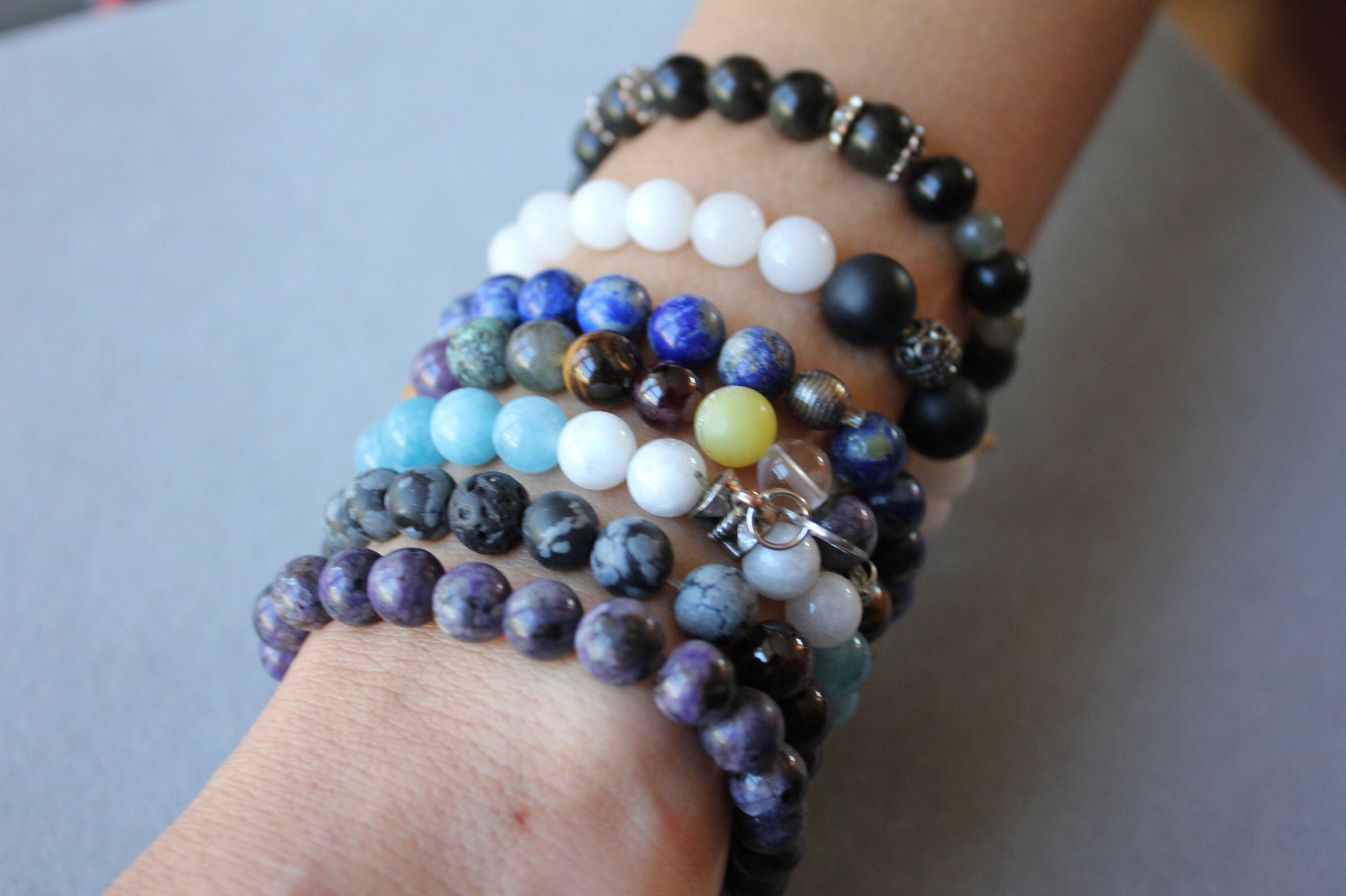 Blue White Agate Round Bead Stretchy Unique Statement Circle Beads Chakra Bracel