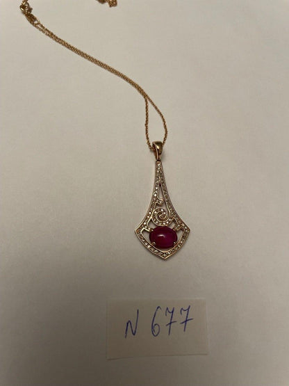 Oval Shape Red Pink Ruby Cabochon 14K White Gold Statement Pendant Necklace