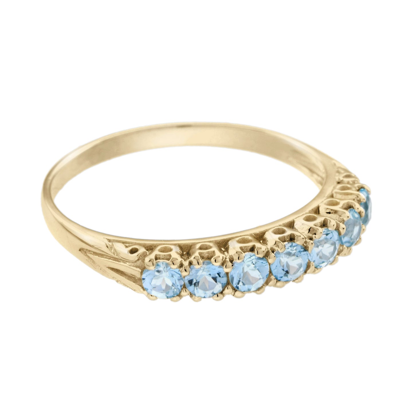 blue topaz vintage style seven stone band 14k yellow gold ring