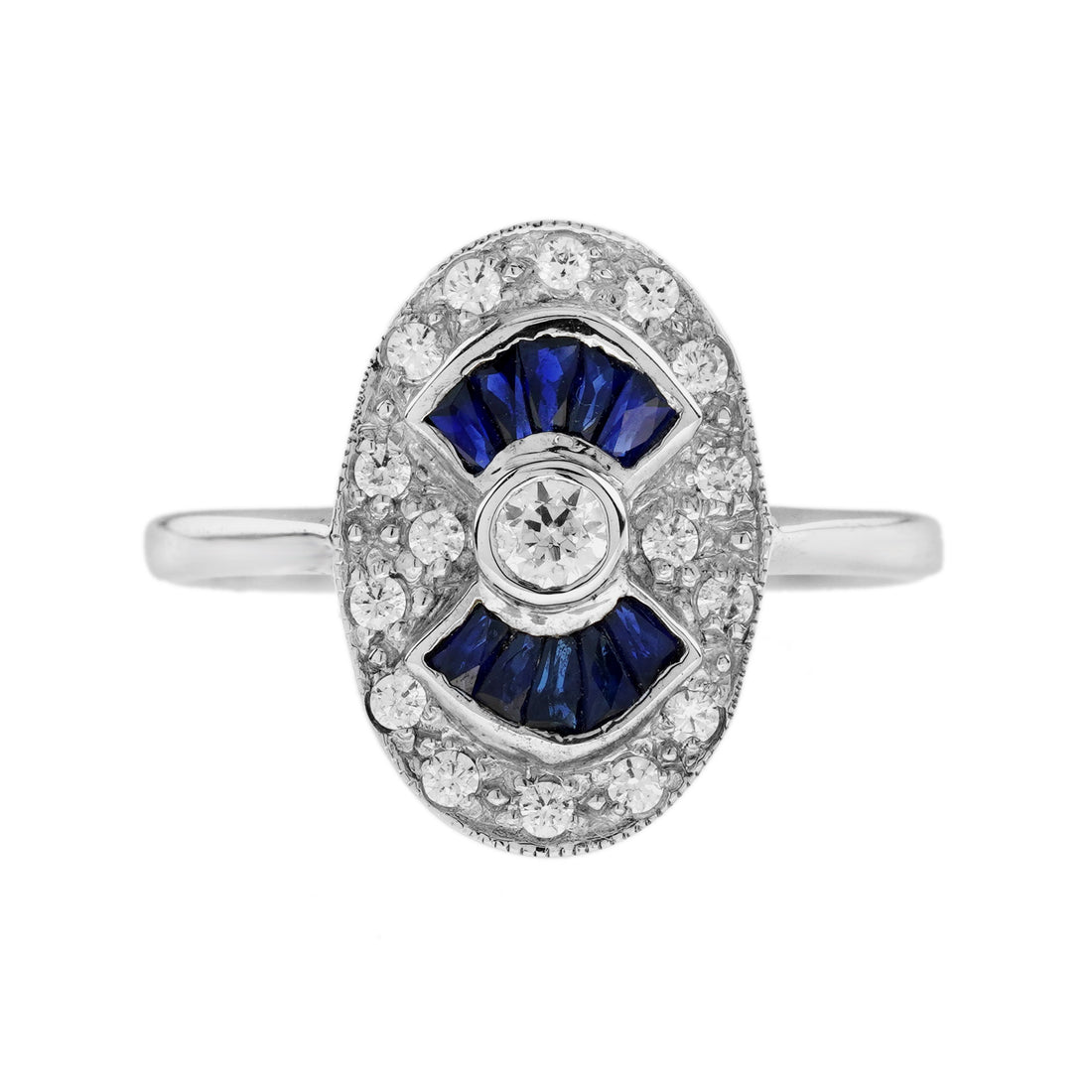 Diamond & Blue Sapphire Fan Art Deco Style Oval Shaped 14K White Gold Ring