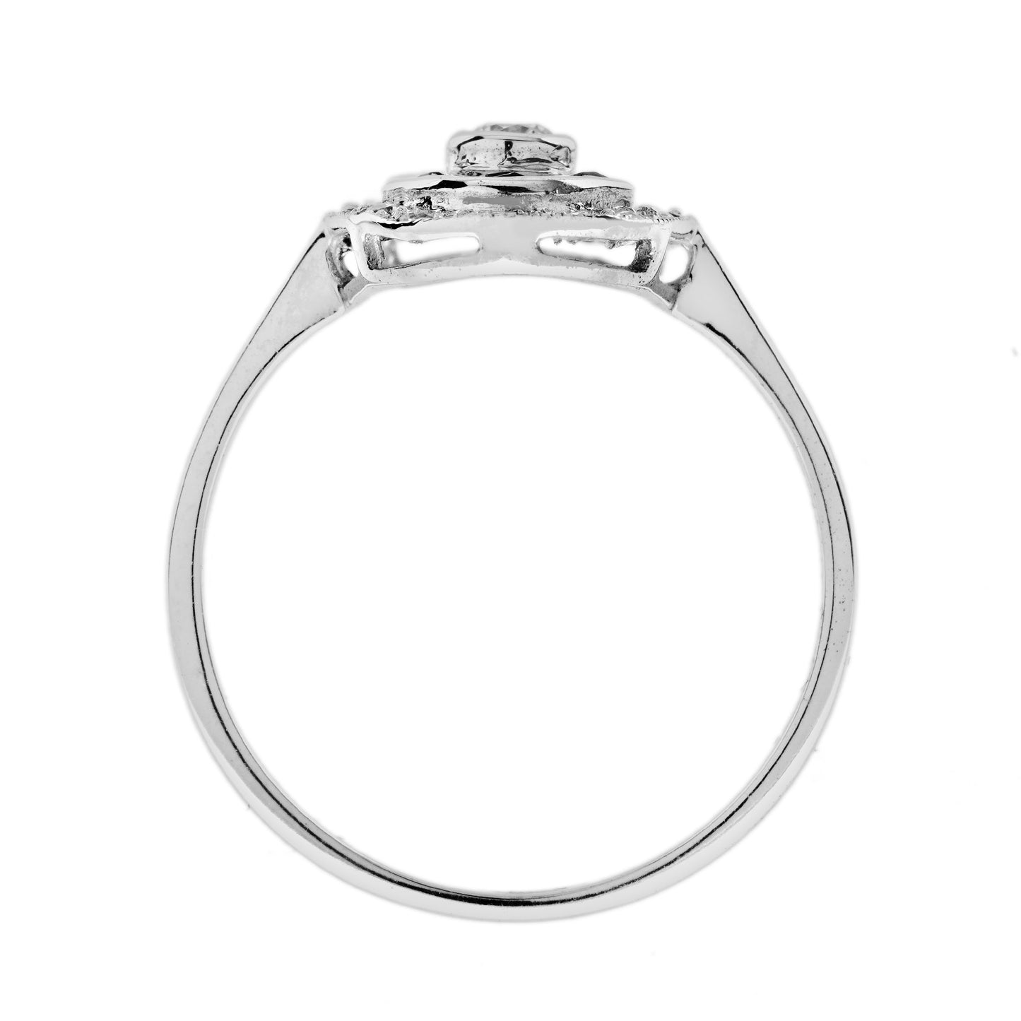 diamond & blue sapphire fan art deco style oval shaped 14k white gold ring