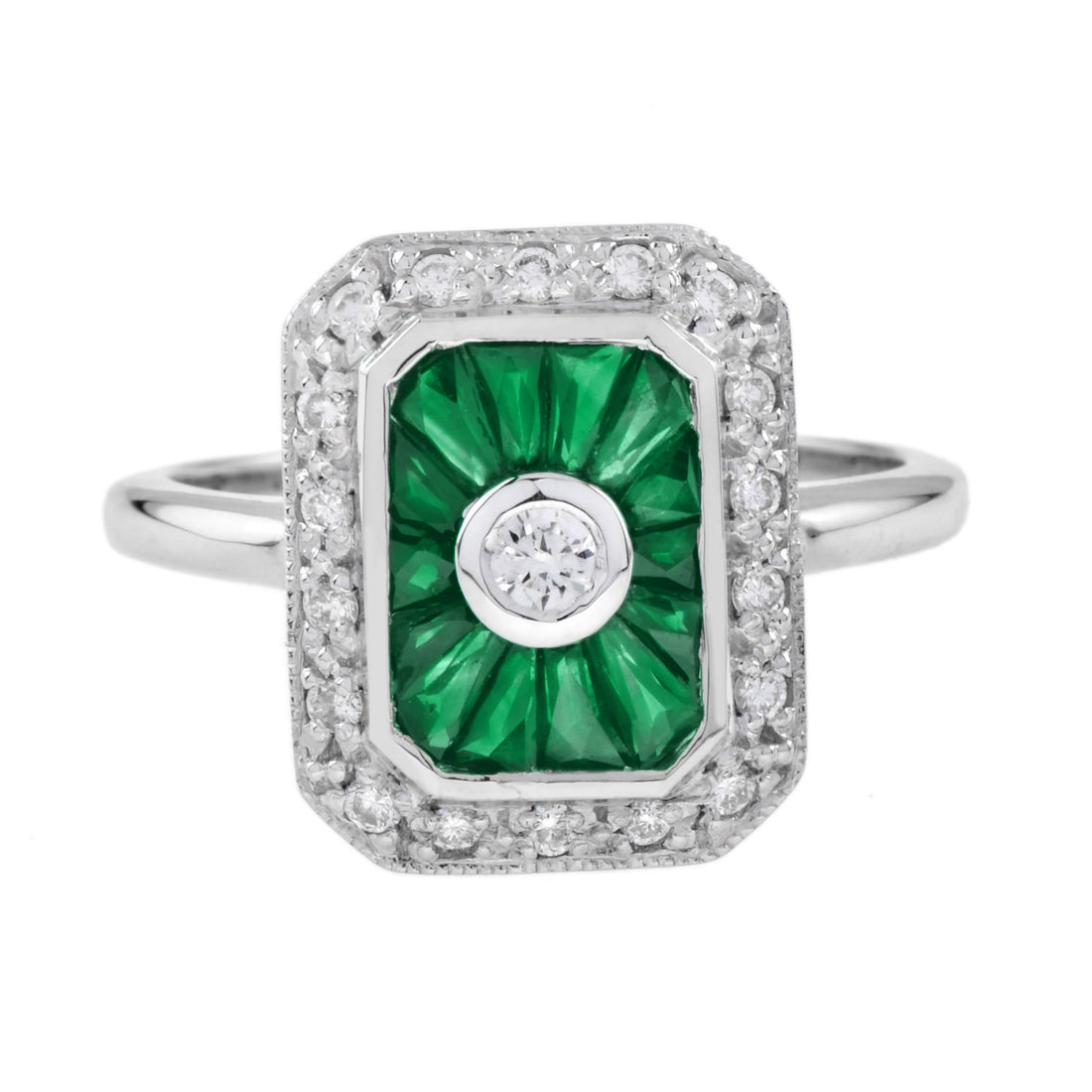 Diamond & Green Emerald Baguette Halo Art Deco Style 14K White Gold Ring