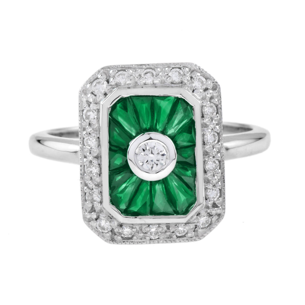 2.35 ctw Art Deco Style Green Emerald & Diamond 14K White Gold Ring