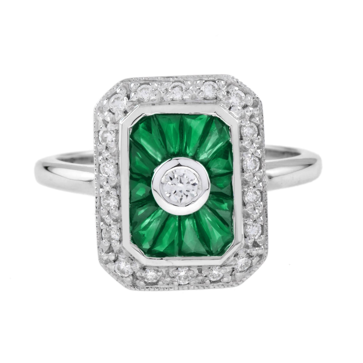 diamond & green emerald baguette halo art deco style 14k white gold ring