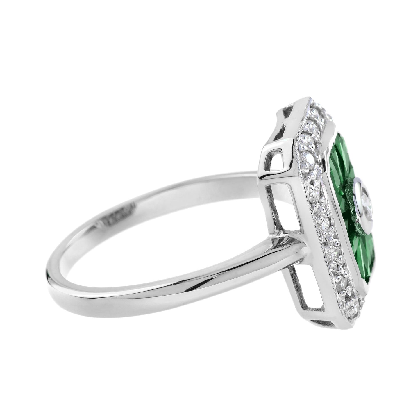 diamond & green emerald baguette halo art deco style 14k white gold ring