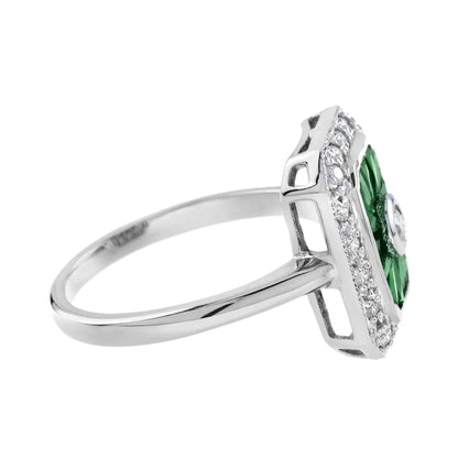 Diamond & Green Emerald Baguette Halo Art Deco Style 14K White Gold Ring