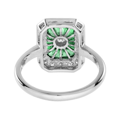 Diamond & Green Emerald Baguette Halo Art Deco Style 14K White Gold Ring