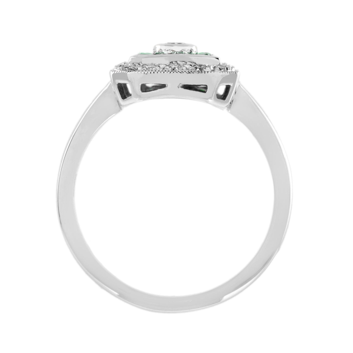 diamond & green emerald baguette halo art deco style 14k white gold ring