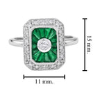 Diamond & Green Emerald Baguette Halo Art Deco Style 14K White Gold Ring