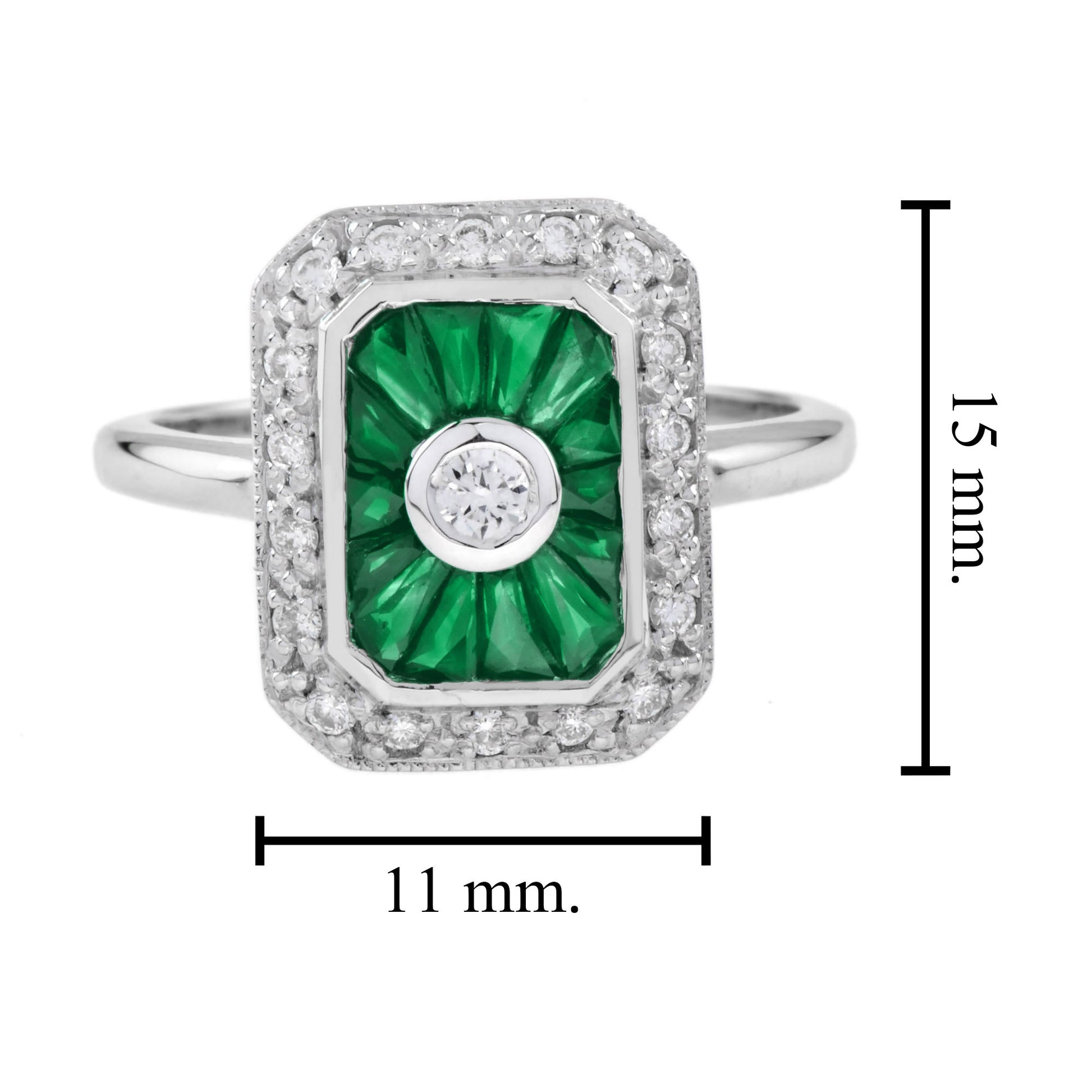 Diamond & Green Emerald Baguette Halo Art Deco Style 14K White Gold Ring