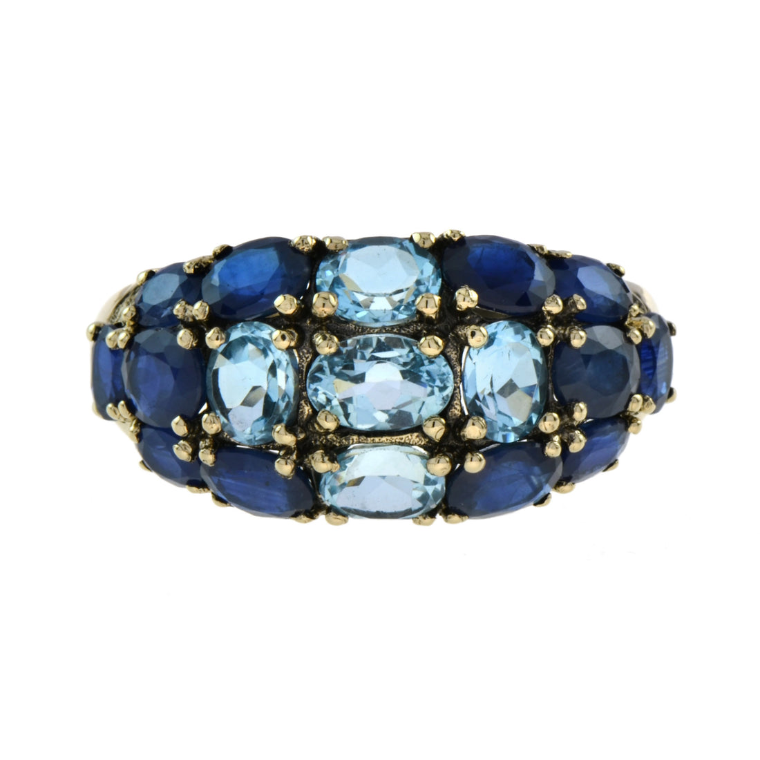 Vintage Style Blue Topaz & Blue Sapphire Cocktail 14K Yellow Gold Cluster Ring