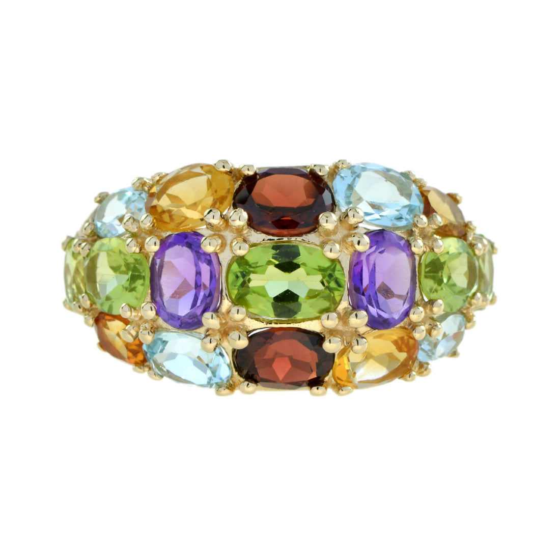 Rainbow Color Multi Gemstones Vintage Style Cluster Dome 14K Yellow Gold Ring