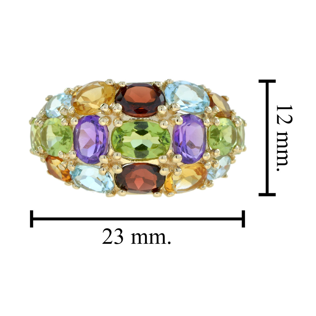 Rainbow Color Multi Gemstones Vintage Style Cluster Dome 14K Yellow Gold Ring