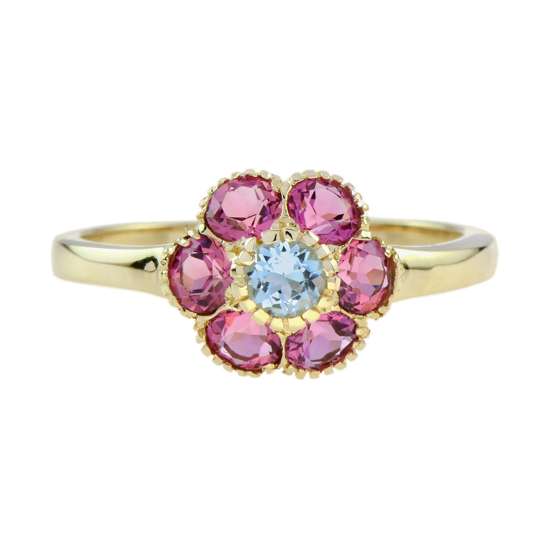 Blue Aquamarine & Pink Tourmaline Vintage Floral Cluster Yellow Gold Ring
